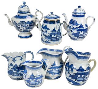 Seven Canton Blue and White Porcelain Teapots and Pitchers