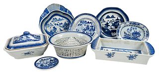 Assembled Set of 23 Canton Blue and White Porcelain Table Objects