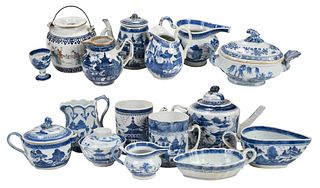 Assembled Set of 17 Canton Blue and White Porcelain Table Objects
