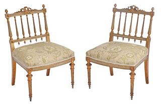 Pair of Louis XVI Style Painted and Parcel Gilt Slipper Chairs
