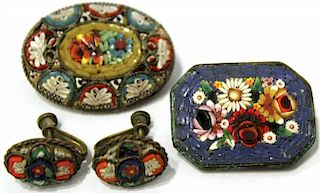 2 Antique Italian Micromosaic Pin & Earrings Sets