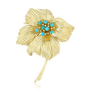 Van Cleef & Arpels Vintage Turquoise Gold Flower Brooch