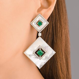 Emerald Mother of Pearl and Diamond Earrings
