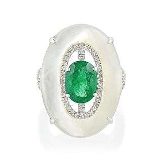 Emerald Mother of Pearl and Diamond Ring