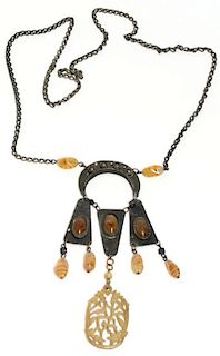 North African Metal, Glass Bead & Bone Necklace