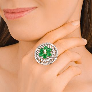Emerald and Diamond Floral Ring