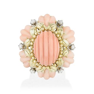 Vintage Fluted Coral and Diamond Cocktail Ring