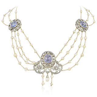 Antique Sapphire Diamond and Pearl Necklace
