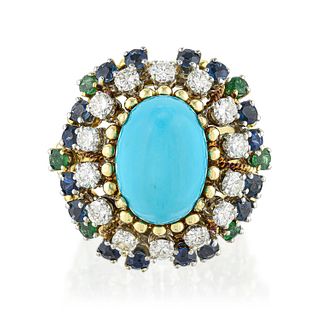 Vintage Turquoise Diamond Sapphire and Emerald Ring