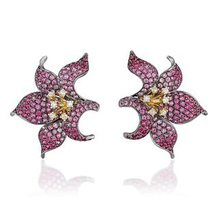 Pink Sapphire Ruby and Diamond Floral Earrings