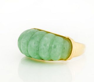 Scalloped Dome Carved Jade and 14K Gold Ring