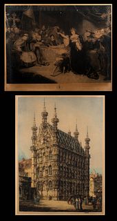 Two Antique Prints; British School Trial of Queen Catherine and Monk. Large Hotel De Ville