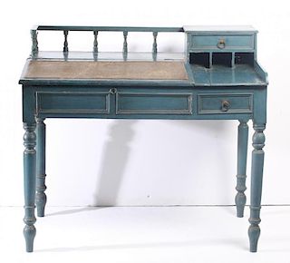 Leather-Topped Blue-Painted Wood Writing Desk