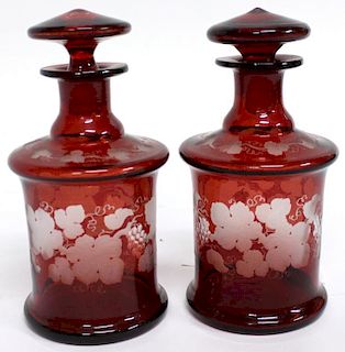Pair Bohemian Red-Cut-to-Clear Perfume Flasks