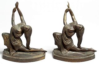 Pair Cast Bronzed Metal "Kneeling Dancers" Bookends
