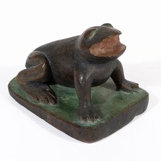 AMERICAN FOLK ART CARVED AND PAINTED FROG FIGURE