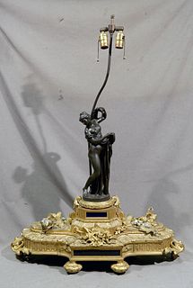 Large Bronze Figurative and Ormolu Lamp   