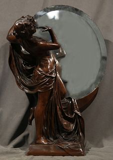Art Nouveau Woman with Mirror, Tin Bronze Sculpture 