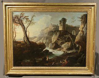 18th Century Italian School, Oil on Canvas Rocky landscape with Figures by a River