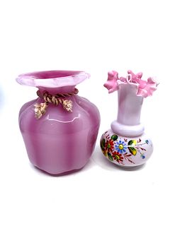 Two pink glass vases