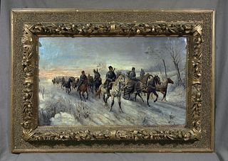 A. Wilkow, attrib. Sledge Convoy in Winter, Oil on Canvas 