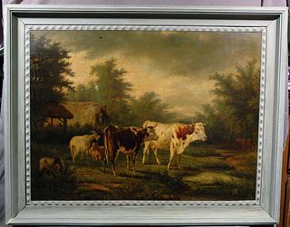 19th Century Farmyard Scene Oil on Canvas