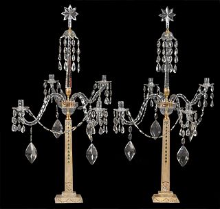 Pair of Georgian Cut Crystal and Paint Decorated Marble Candelabra