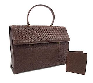 A Bottega Veneta Brown Intrecciato Leather Bag & Wallet, 14 1/2 x 12 x 3 inches.