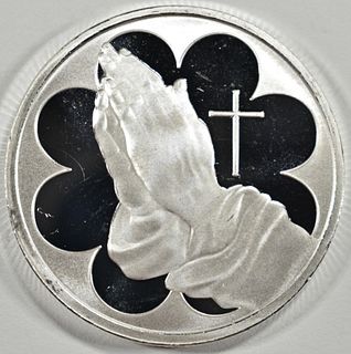 ONE OZ .999 PRAYING HANDS  SILVER ROUNDS