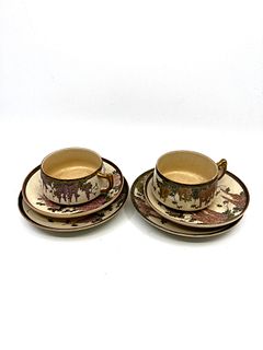 Trio Of Japanese Satsuma pottery wisteria pattern cup-saucer-plate