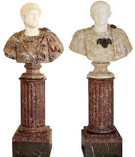 ITALIAN CARVED MARBLE BUSTS ON COLUMNS PAIR