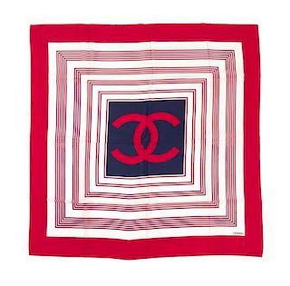 * A Chanel Red, White, and Blue Silk Scarf, 33 1/2 x 33 inches.
