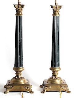 Pair Of Molded Bronze Empire Column Lamps