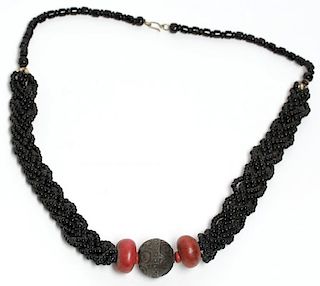 Tribal Braided Black Glass Bead Necklace