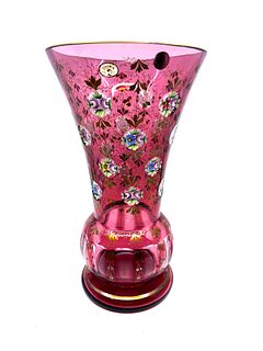 Hand painted Bohemian cranberry colour vase