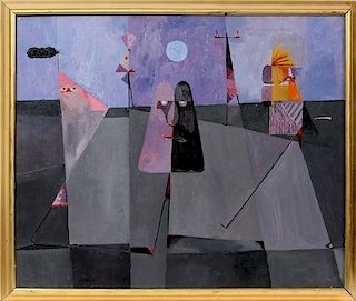 CHET LAMORE OIL ON CANVAS FIGURES IN ABSTRACT 1956