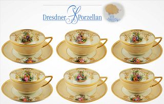 Set Of Six Hand Painted 19th C. Dresdner Porcelain Cup And Saucer Set