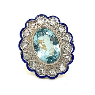 1920â€™ 18k Enamel Diamond Aquamarine Ring