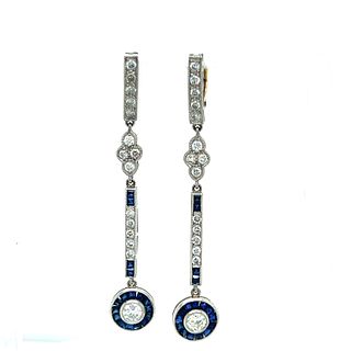 Art Deco Platinum & 18k Diamond & Sapphire Long Earring