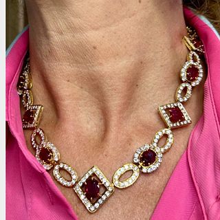 French 18K Yellow Gold Ruby & Diamond Necklace
