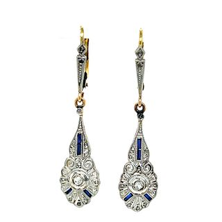 Early Art DecoÂ  18k & Platinum Diamond Sapphire Long Earring