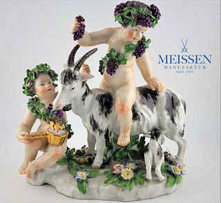 19Th C. Meissen Porcelain Figural Group, Goat Feeding Kid
