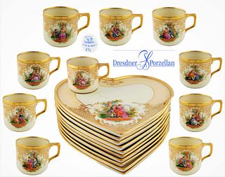 Set Of Ten Cup And Heart Shaped Tray Dresdner Porcelain Hand Painted Set