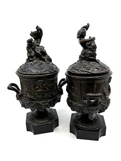 Pair of Antique continental Bacchanalian bronze Garnitures