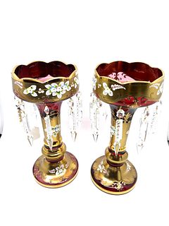 Pair of Cranberry and gold Bohemian Glass Lustres