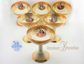 Set Of Six Hand Painted 19th C. Dresdner Porcelain Ice Cream Dessert Cup