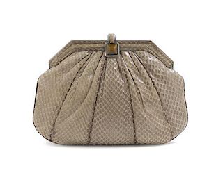 A Judith Leiber Taupe Snakeskin Clutch, 9 1/2 x 6 1/2 x 2 inches.