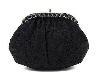 A Judith Leiber Black Passementerie Satin Evening Bag, 8 x 6 x 2 inches.