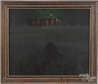 Oil on canvas landscape, mid 20th c., with a black cat, signed George Lyster, 20'' x 24''.