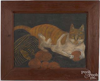 Oil on canvas primitive of a cat, signed S. Strach, 18'' x 23''.